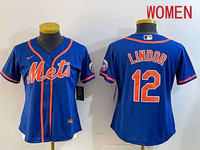 Women New York Mets #12 Lindor Blue Game 2024 Nike MLB Jersey style 12181